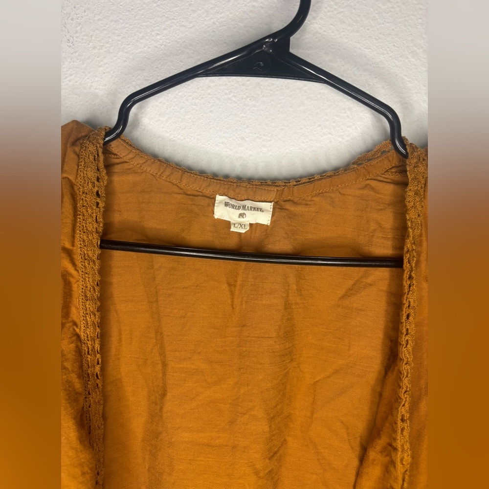 WORLD MARKET LONG LINED BURNT ORANGE EMBROIDERED OPEN FRONT CARDIGAN SZ L/XL - Picture 4 of 8